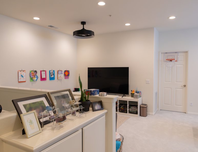 Bonus room after renovation with carpet flooring, wall-mounted television, recessed lighting, framed artwork, and a small play area.
