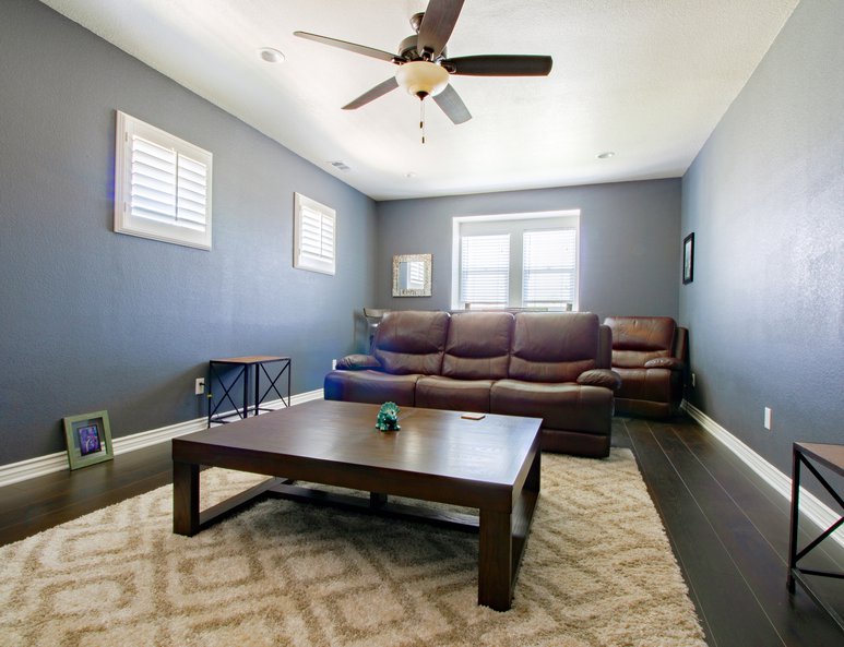 Family room and media room addition sitting area and ceiling fan