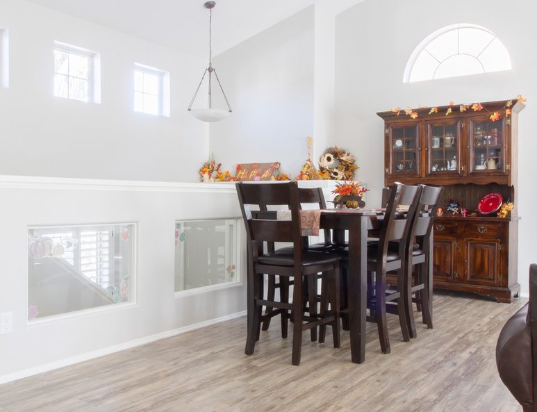 Upstairs dining room created from high ceiling space.